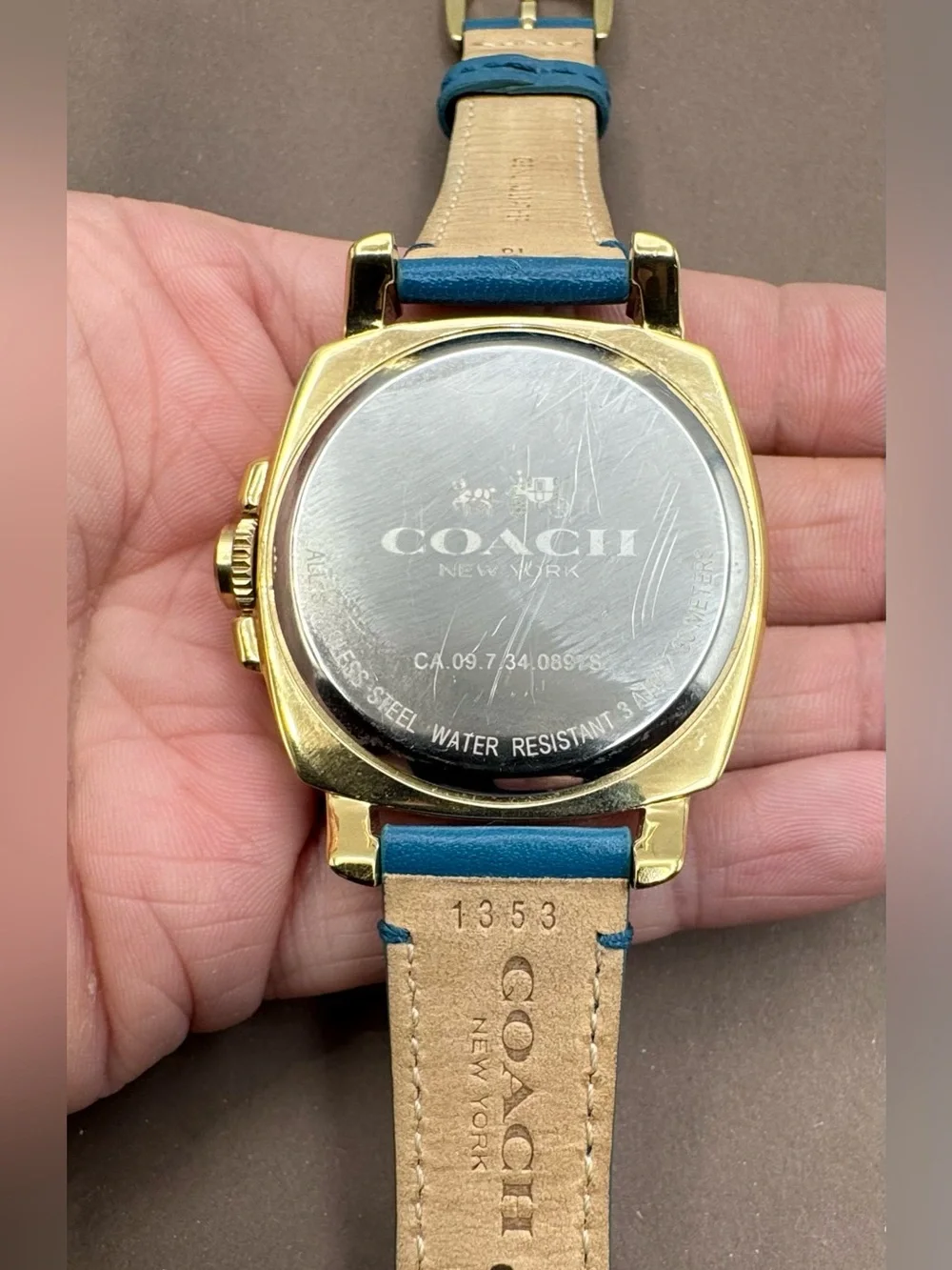 Coach Gold Plated Blue Leather Strap Swarovski Crystal Womens Boyfriend Watch